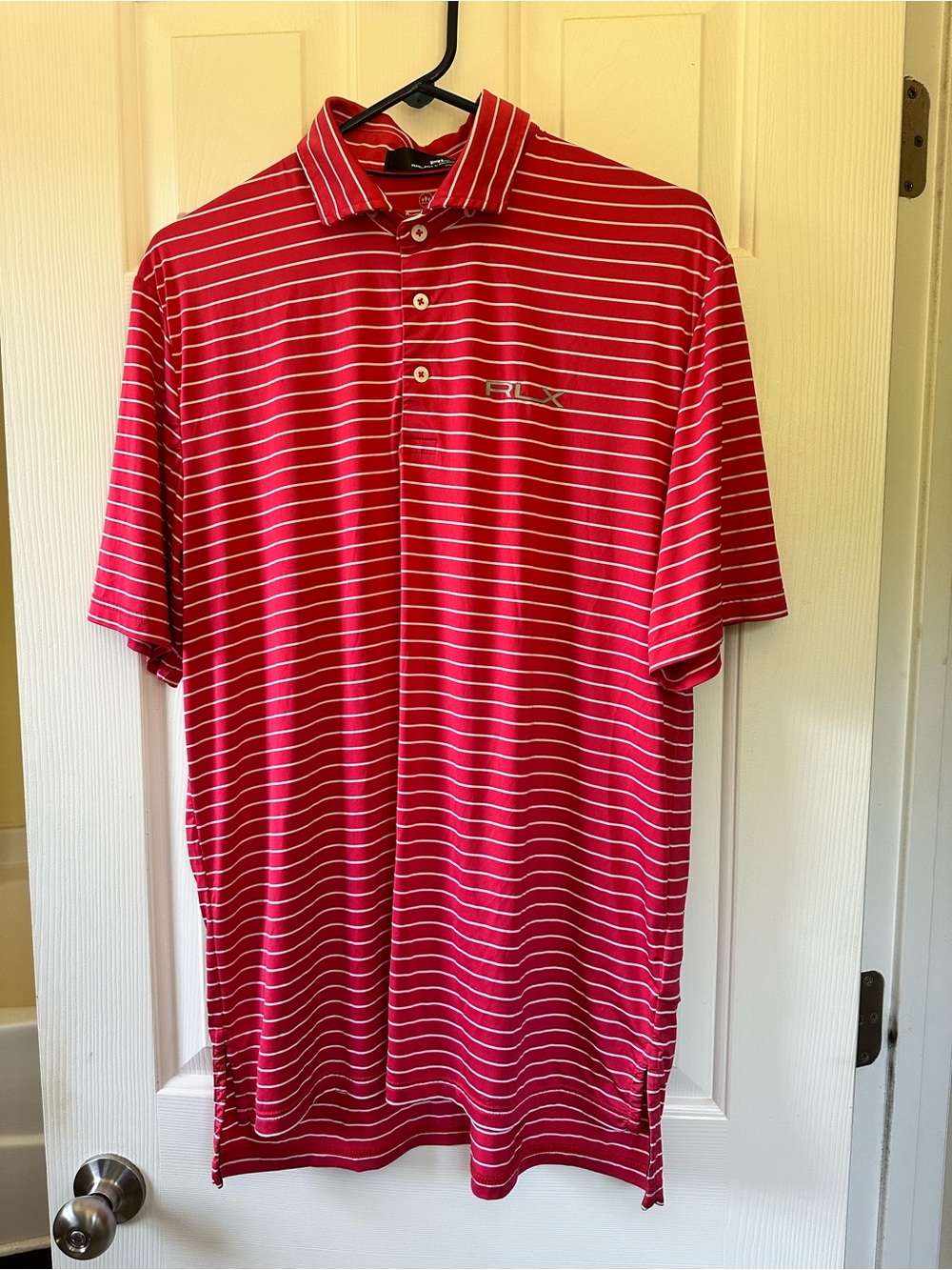 RLX Ralph Lauren Mens Short Sleeve Performance Pink White Striped Polo Medium